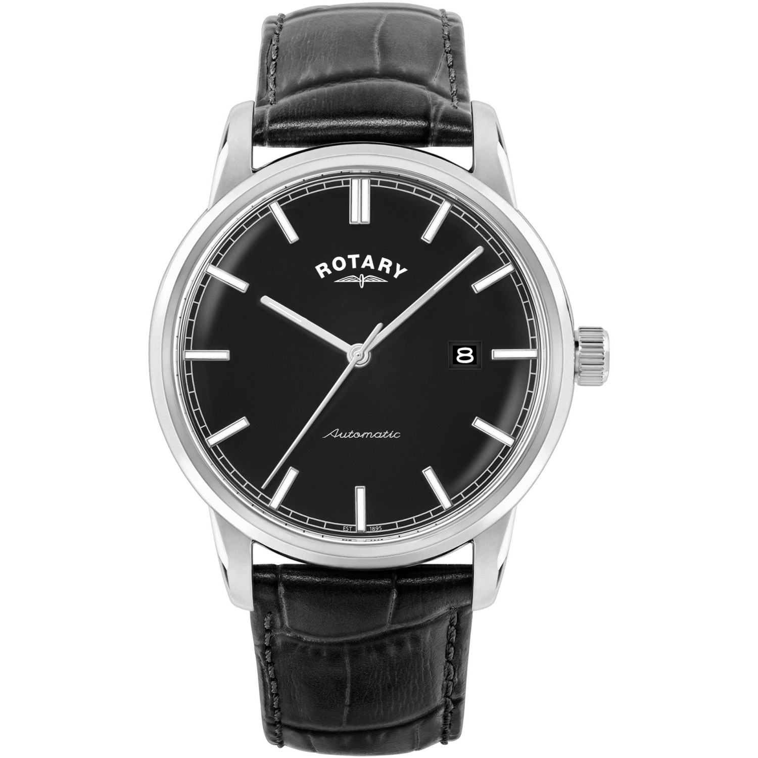 Rotary Heritage Automatic RGS10001/04 - męski automat z czarną tarczą, stalową kopertą 42 mm i czarnym paskiem croco