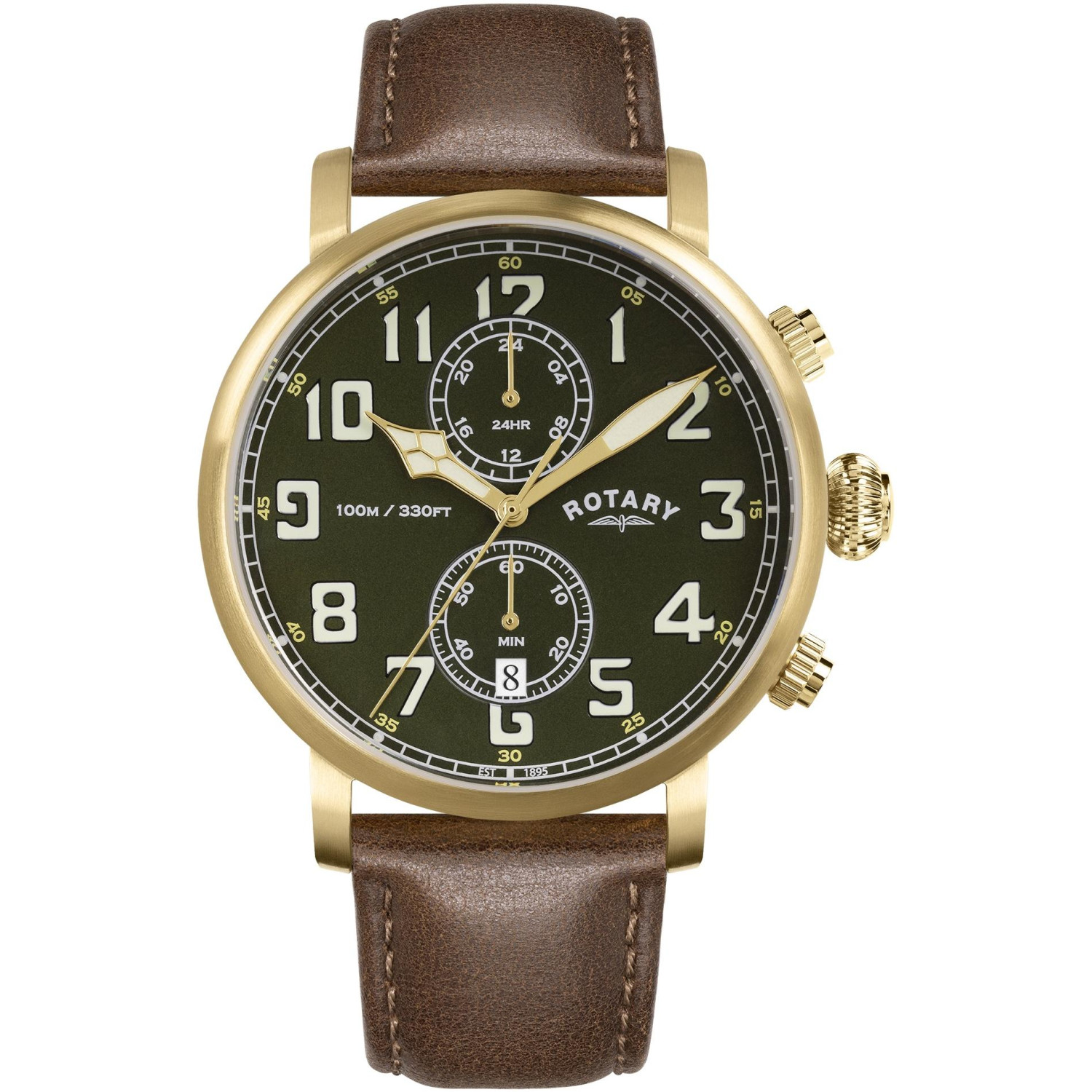 Rotary Apex100 Pilot RGS10002/24 - męski zegarek lotniczy w złotej kopercie z zieloną tarczą i brązowym paskiem