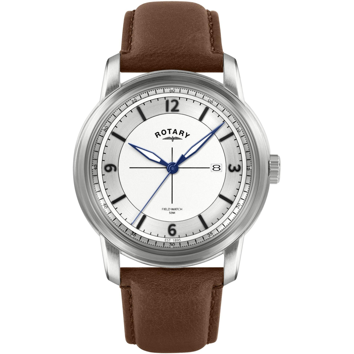 Rotary Field Watch RGS10005/06 - męski zegarek z białą tarczą, niebieskimi wskazówkami i brązowym paskiem