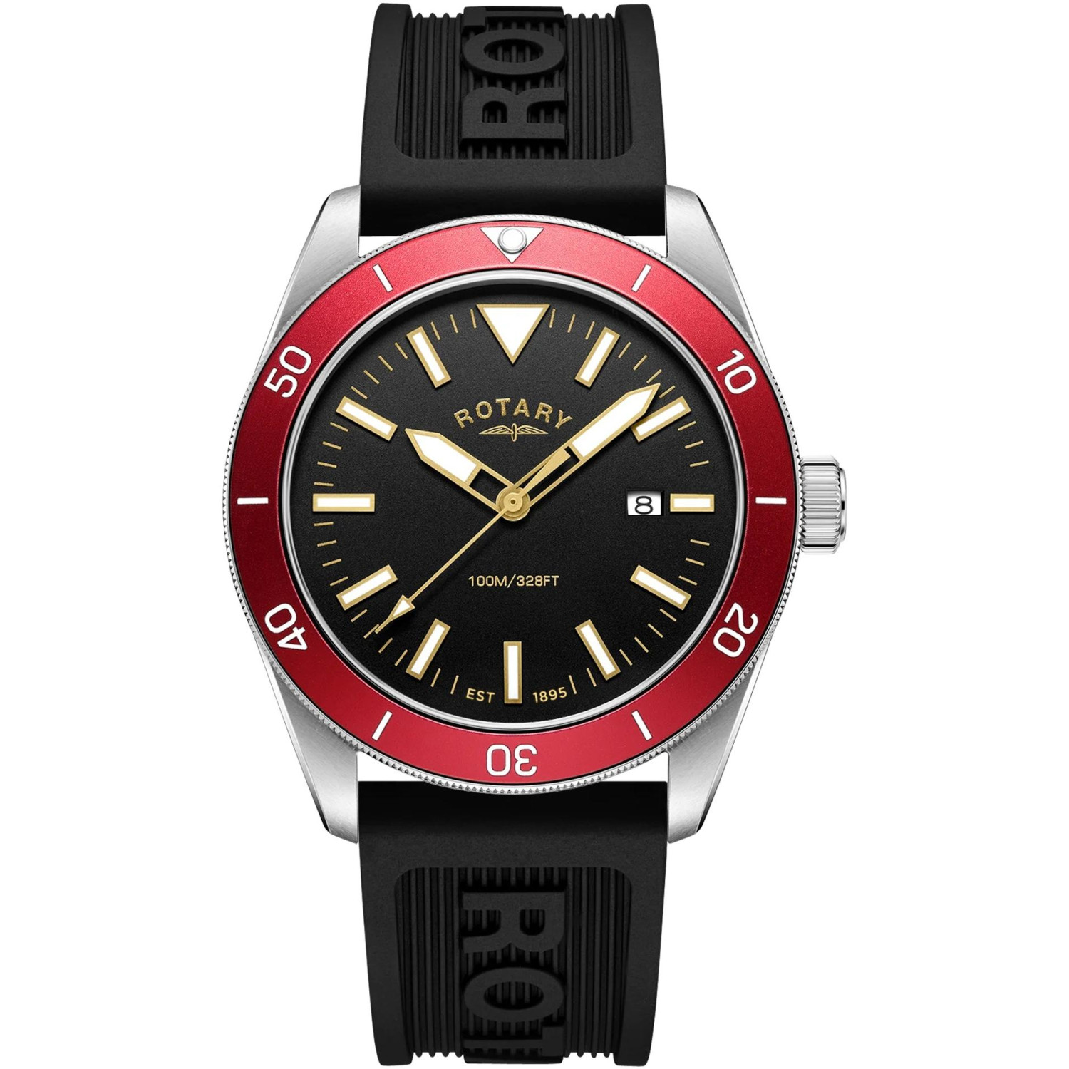 Rotary Apex100 RGS10007/98 - męski zegarek sportowy z czarną tarczą, czerwonym bezelem i paskiem silikonowym