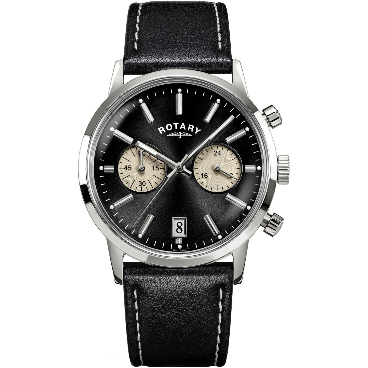 Rotary 1895 Chronograph RGS10067/04 - męski chronograf z czarną tarczą, kremowymi subtarczami i paskiem skórzanym