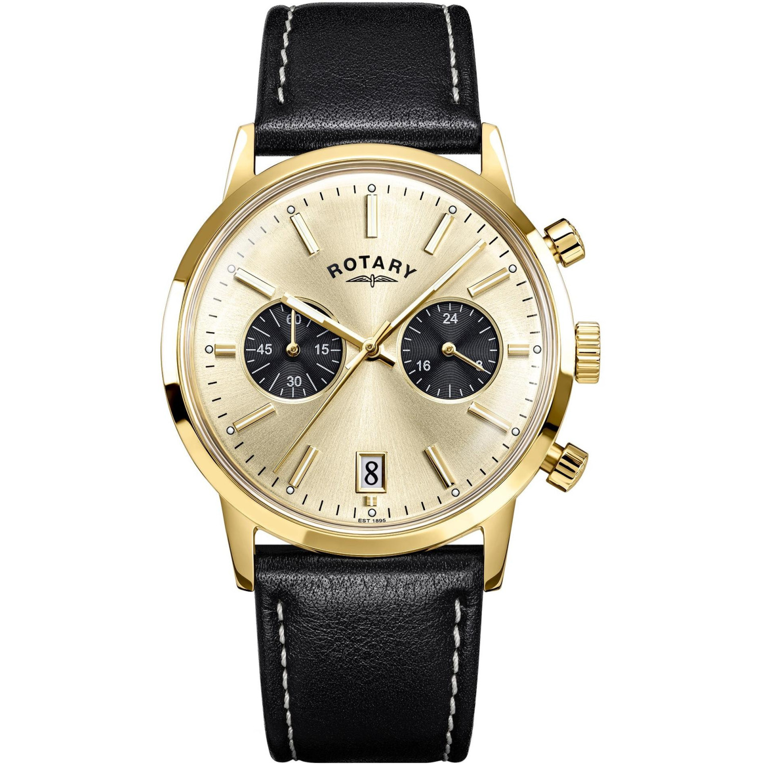 Rotary 1895 Chronograph RGS10068/03 - męski złoty chronograf z szampańską tarczą, czarnymi subtarczami i czarnym paskiem