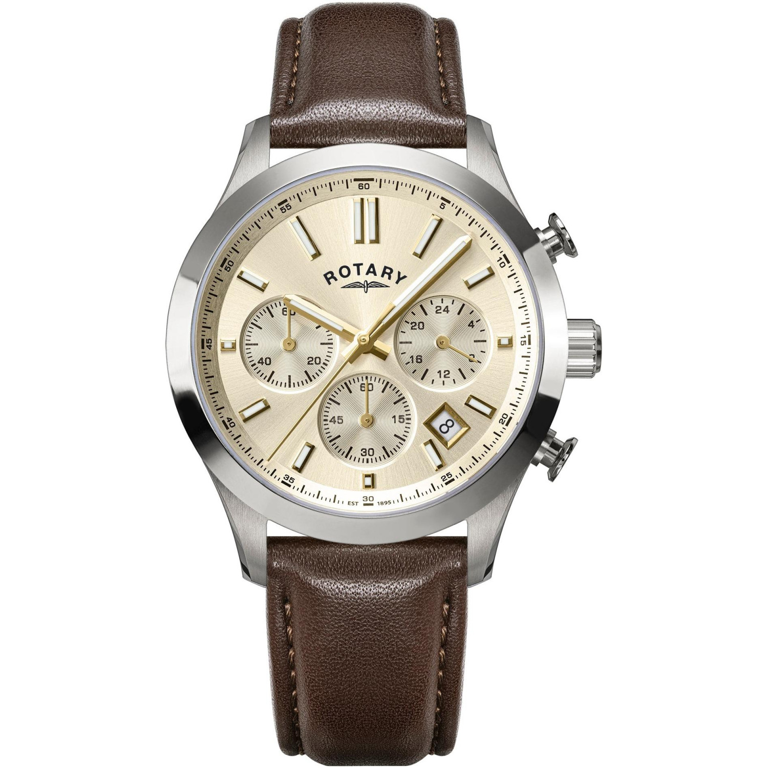 Rotary Heritage Chronograph RGS10071/03 - męski chronograf z kremową tarczą, trzema subtarczami i brązowym paskiem skórzanym