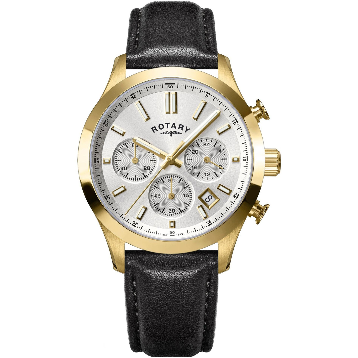 Rotary Heritage Chronograph RGS10072/70 - męski złoty chronograf z białą tarczą sunray i czarnym paskiem skórzanym