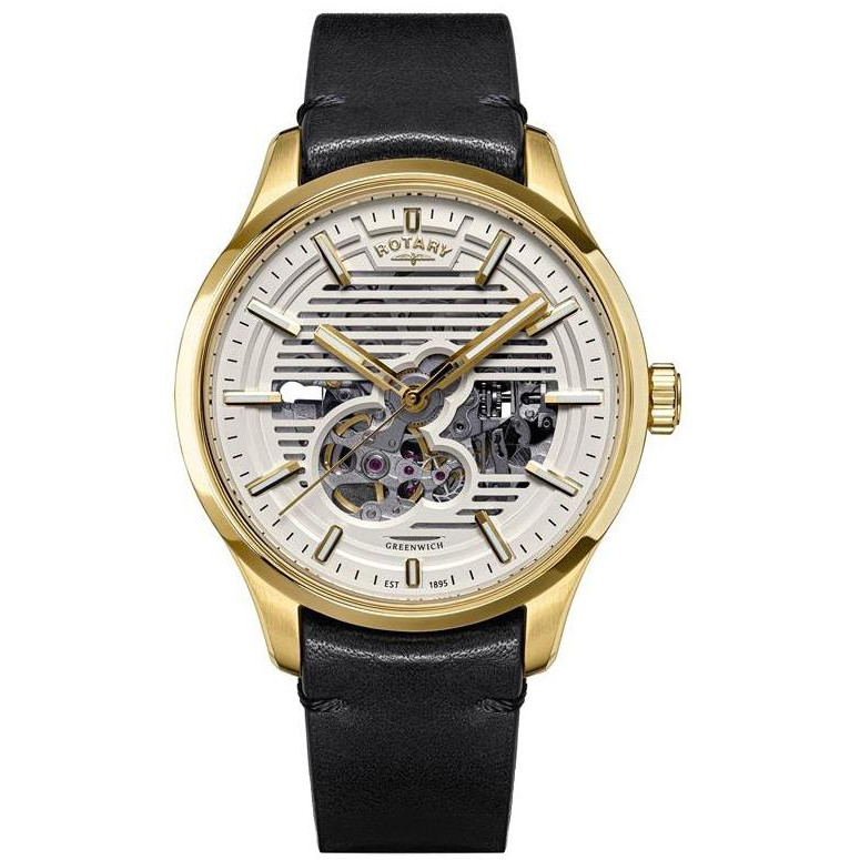 Rotary Greenwich GT1 RGS10080/01 - męski złoty automat z kremową lamelową tarczą na czarnym pasku