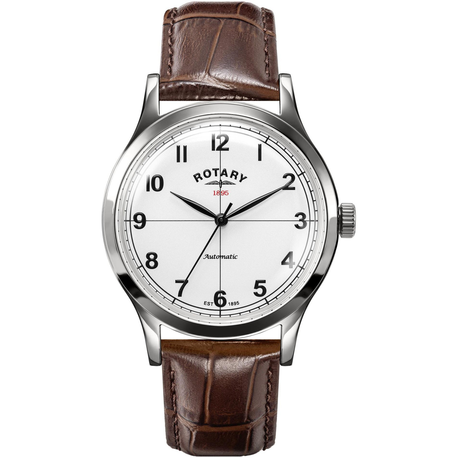 Rotary 1895 Automatic RGS10081/01 - męski automatyczny zegarek z białą tarczą lotniczą i brązowym paskiem