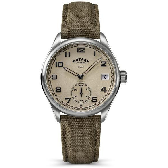 Zegarek Rotary x MoD British Army ATP 40 RGS90002/31A - kremowa tarcza z małą sekundą i datownikiem, zielony pasek tekstylny