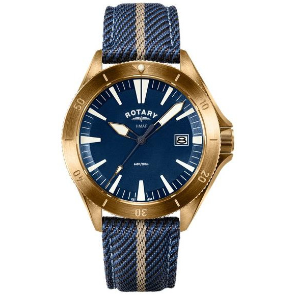 Zegarek Rotary x MoD Royal Navy Diver RGS90004/05N - złota koperta i luneta, granatowa tarcza, pasek tekstylny z kremowym pasem