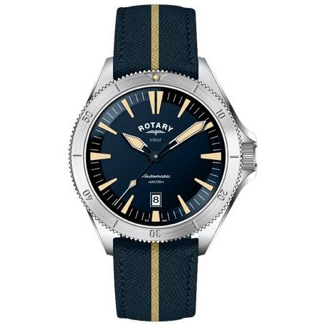 Zegarek Rotary x MoD Royal Navy Diver Automatic RGS90006/05N - granatowa tarcza, srebrna luneta nurkowa, pasek tekstylny z kremowym pasem