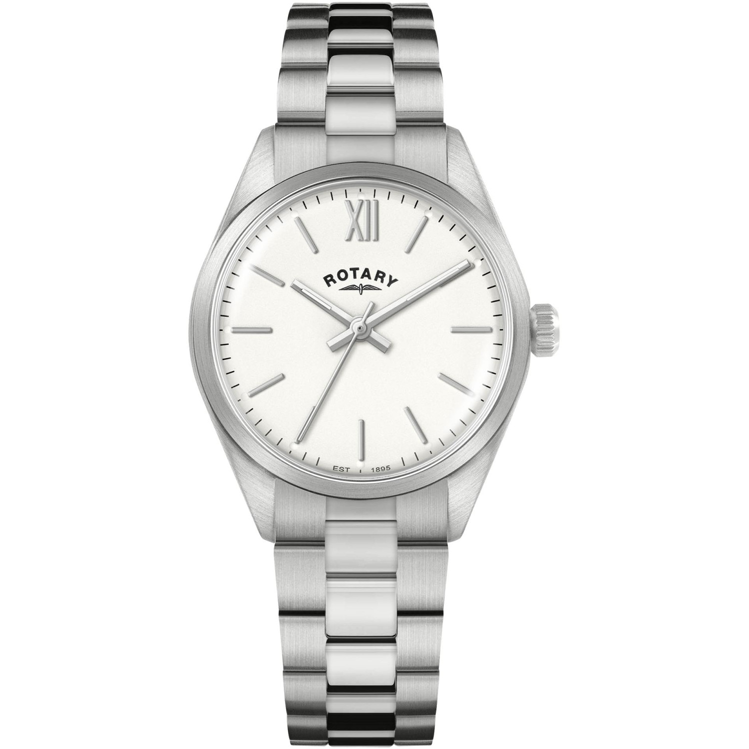 Rotary RLB10005/01 - damski stalowy zegarek z białą tarczą i bransoletą