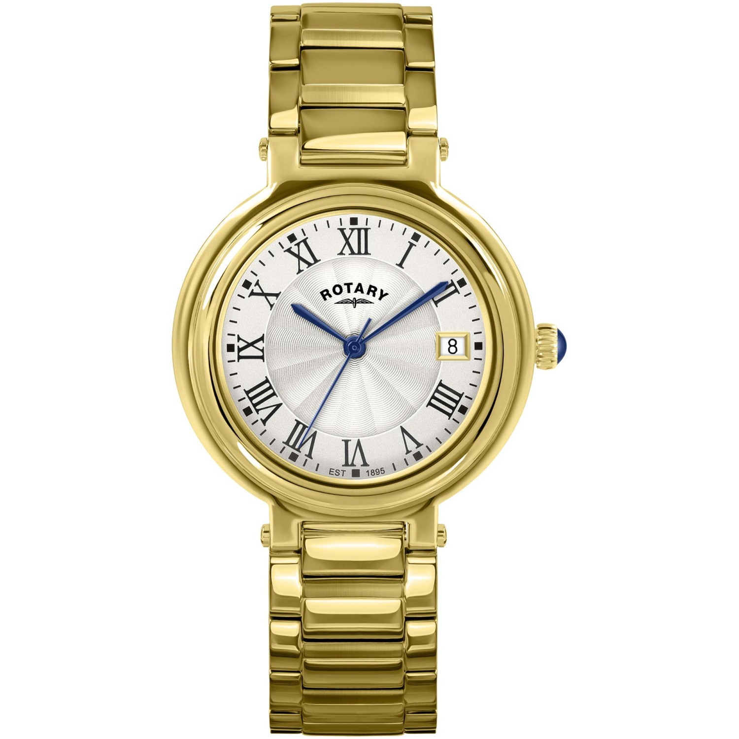 Rotary Heritage RLB10010/70 - damski złoty zegarek z tarczą guilloche, rzymskimi cyframi i niebieskimi wskazówkami
