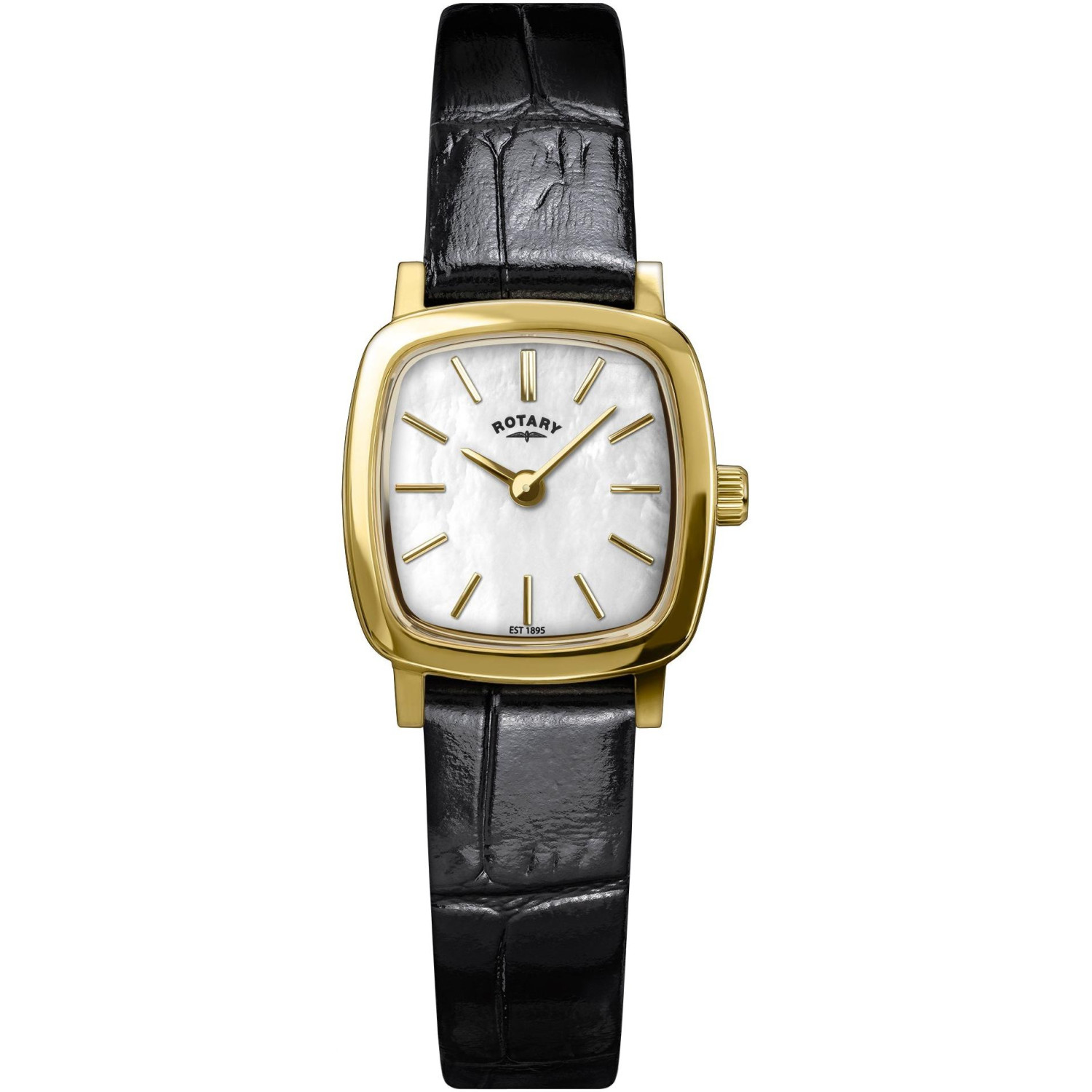 Rotary Heritage Astoria RLS10046/41 - damski złoty zegarek z kwadratową kopertą, tarczą z masy perłowej i czarnym paskiem
