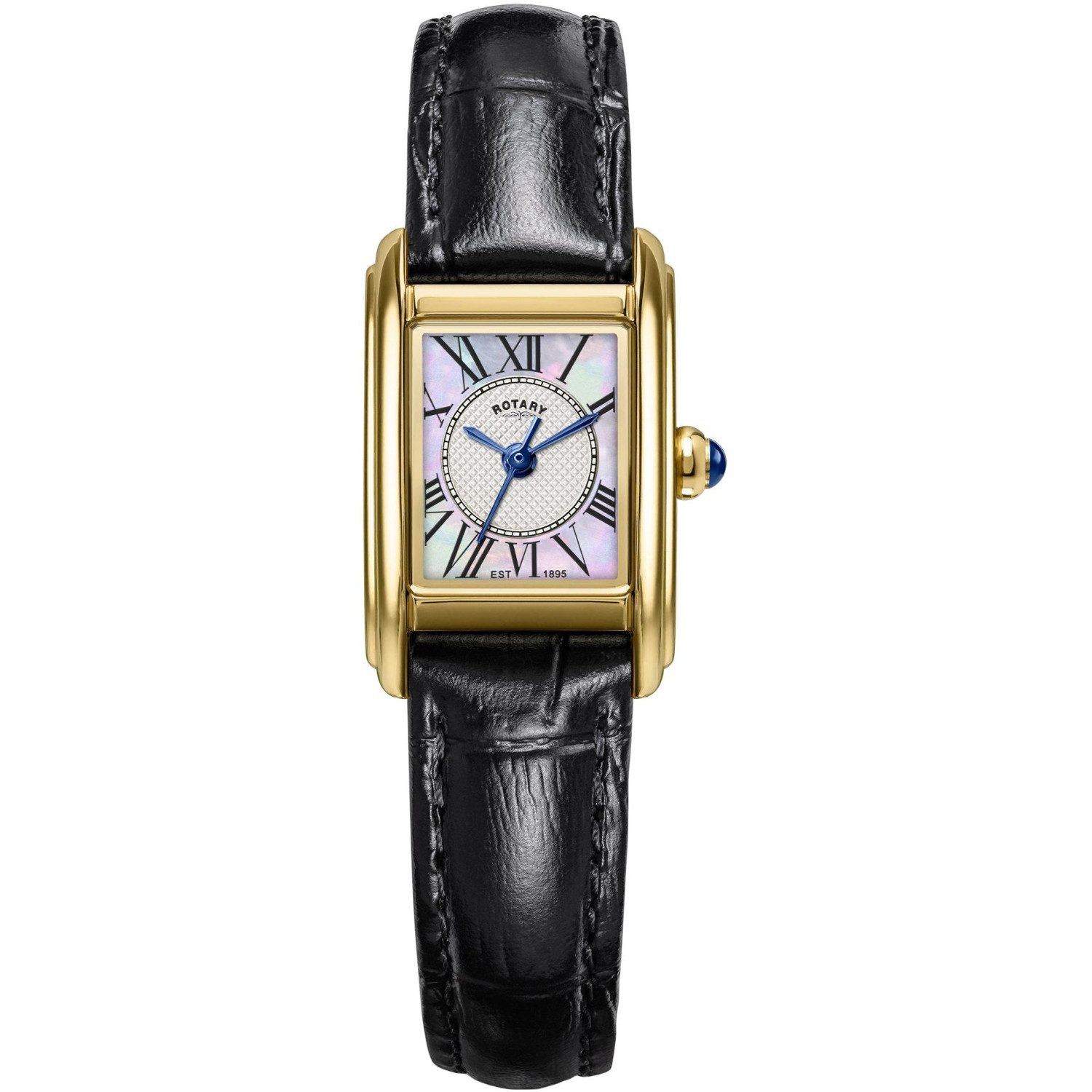 Rotary Heritage Astoria RLS10052/41 - damski prostokątny zegarek w złocie PVD z tarczą guilloche i masą perłową na czarnym pasku
