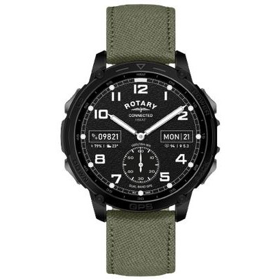 Smartwatch Rotary x MoD British Army Connected ROS9000A - czarna koperta, ekran AMOLED z militarną tarczą, oliwkowy pasek tekstylny