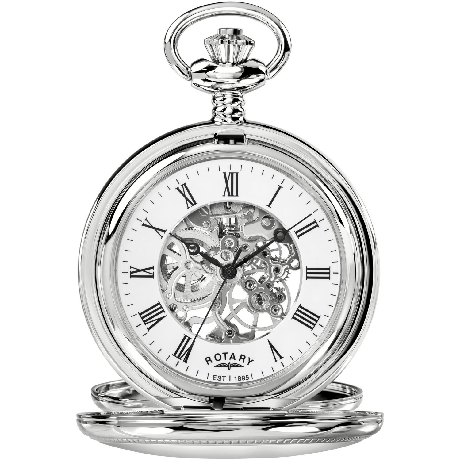 Rotary Heritage RP00726/01 - zegarek kieszonkowy ze stali z białą tarczą, rzymskimi cyframi i odkrytym mechanizmem