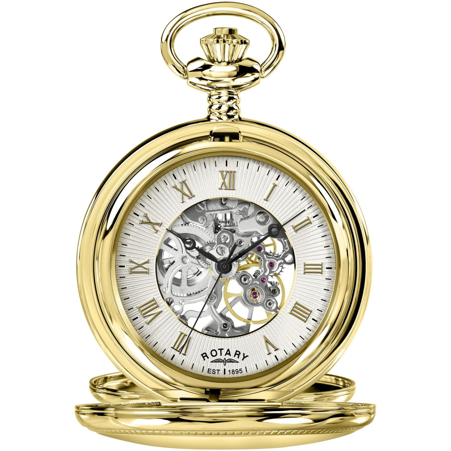 Rotary Heritage RP00727/01 - złoty zegarek kieszonkowy z odkrytym mechanizmem, rzymskimi cyframi i łańcuszkiem