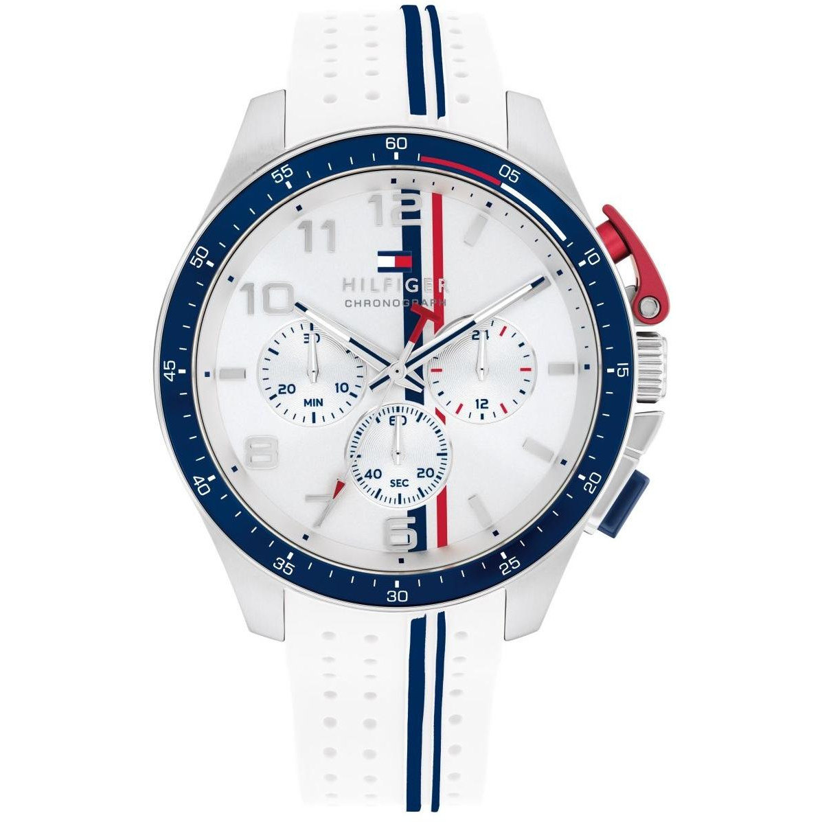 Biały pasek i granatowy bezel w sportowym chronografie