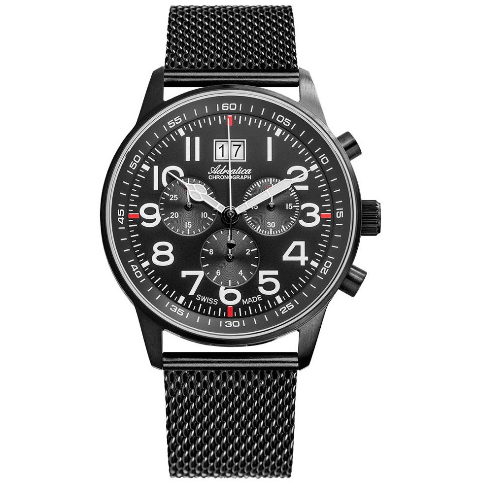 Czarny chronograf ze szwajcarskim mechanizmem i bransoletą mesh