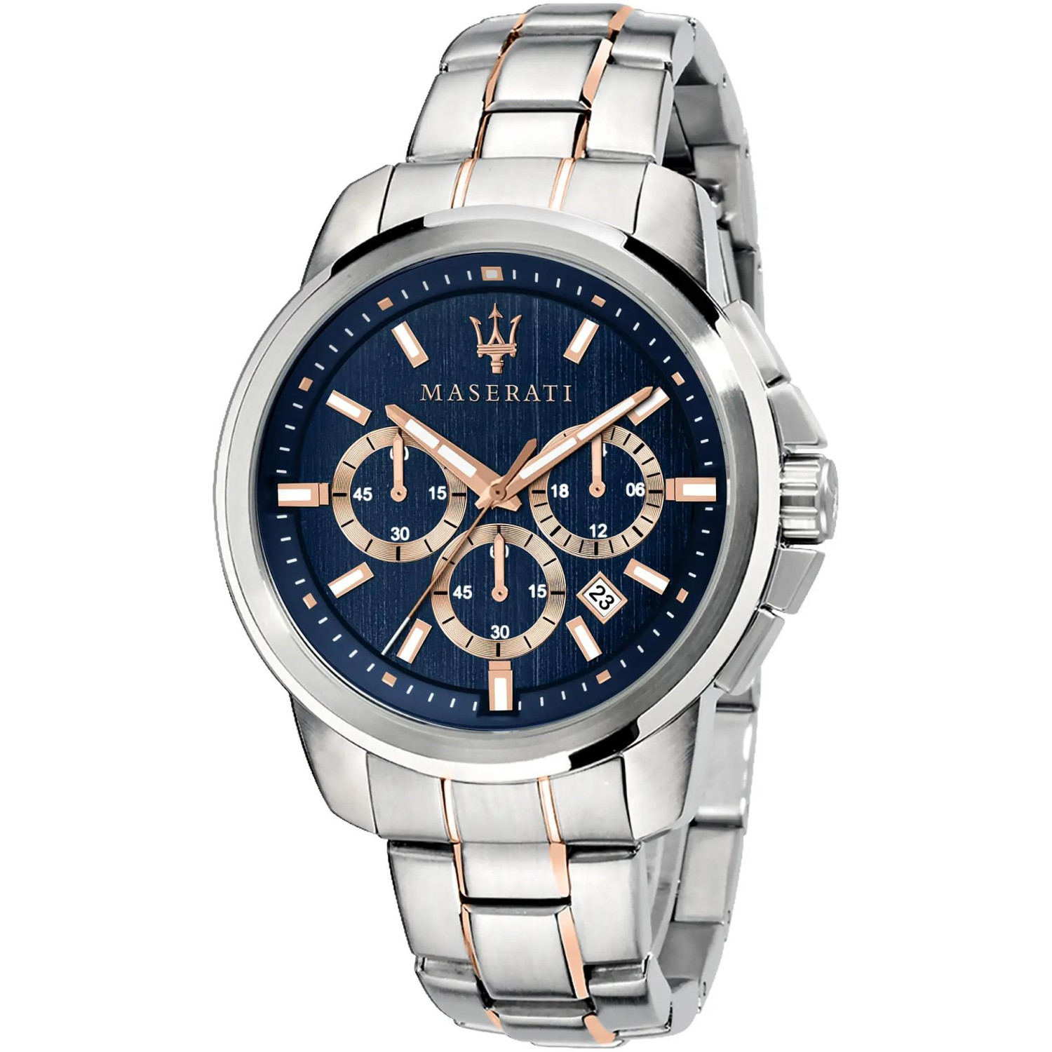 Granatowa tarcza i różowe złoto w sportowym chronografie